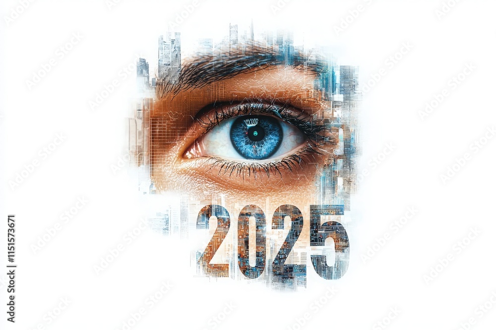 A close-up of a blue eye reflects a futuristic urban skyline, symbolizing vision and insight for the year 2025. The blend of technology and humanity is evident in this striking composition.