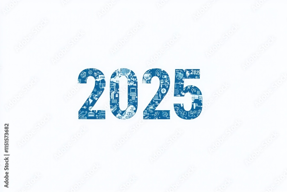 The year 2025 is depicted using bold numbers filled with icons representing technology, innovation, and globalization, highlighting a futuristic theme.
