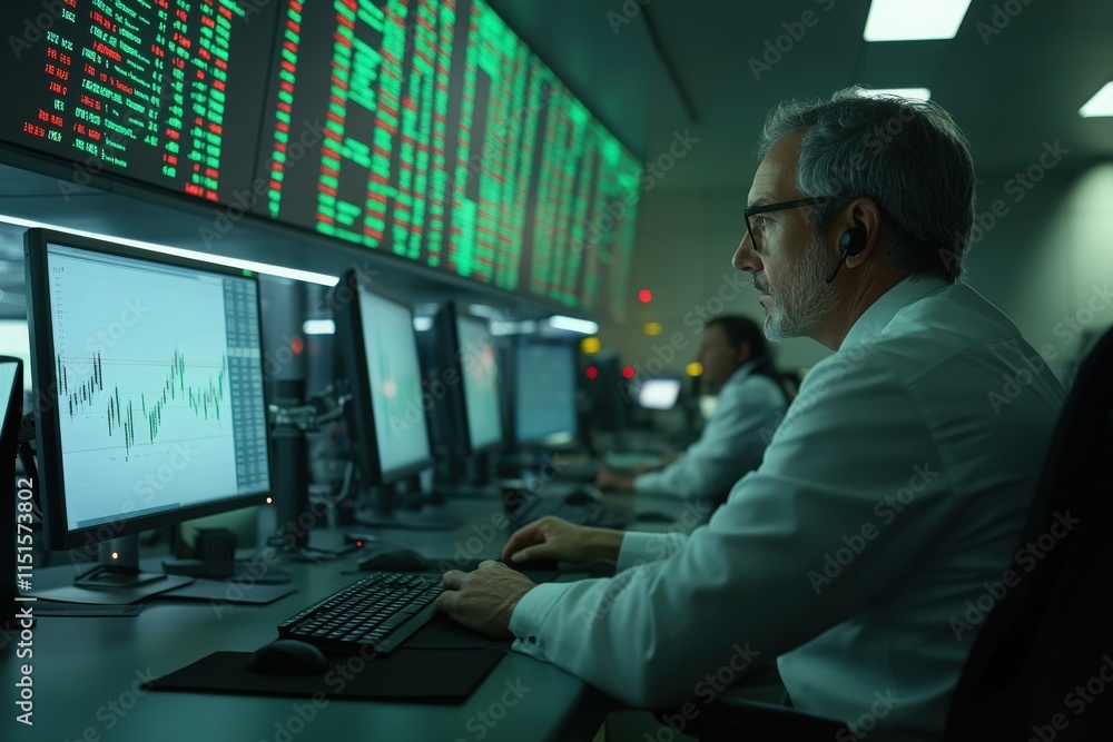 Professionals in white shirts analyze stock market data on multiple screens in a busy trading room. They assess trends and make decisions based on real-time information.