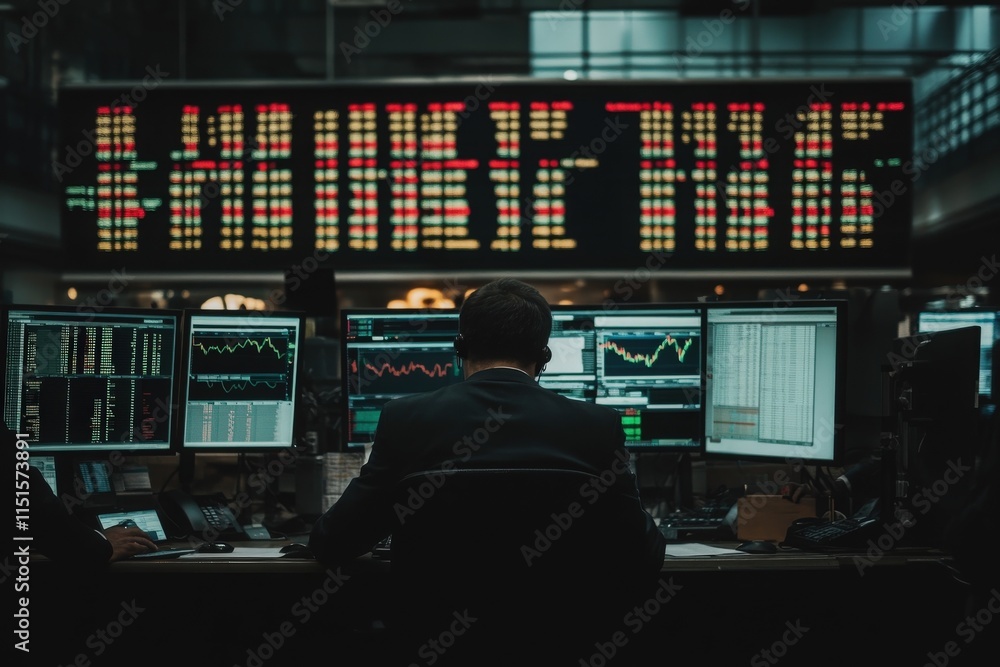 A stock trader focused on multiple screens displaying financial charts and data in a bustling trading room. Bright monitors illuminate the space, reflecting the intensity of the trading environment.