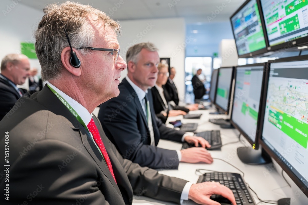 A group of professionals dressed in business attire actively monitors various screens in a modern control room.