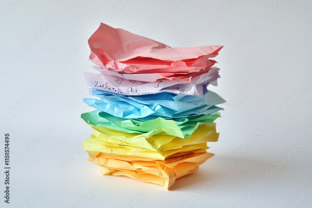 A vibrant arrangement of crumpled paper in various pastel colors is stacked neatly. Each layer adds depth and showcases creative potential in arts and crafts.