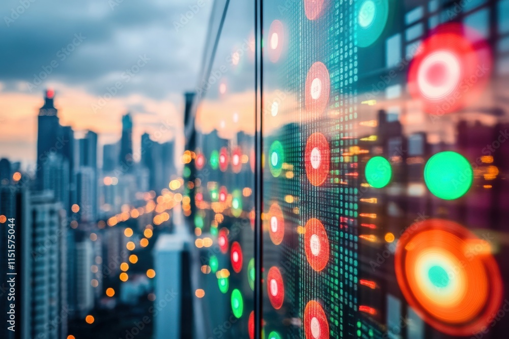 A vibrant city skyline is visible at dusk, with glowing red, green, and blue lights reflecting off the sleek glass surface of a high-rise building. Urban lights create a lively atmosphere.
