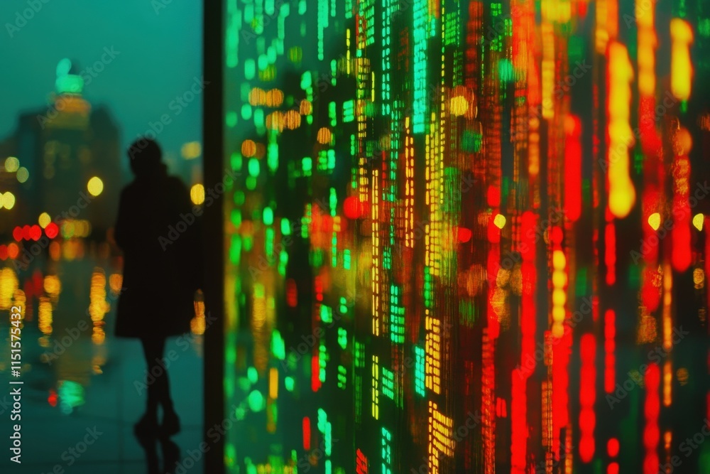 Vibrant colors from city lights reflect off a wet surface, while a lone figure stands in silhouette, creating an engaging contrast against the illuminated backdrop during twilight.