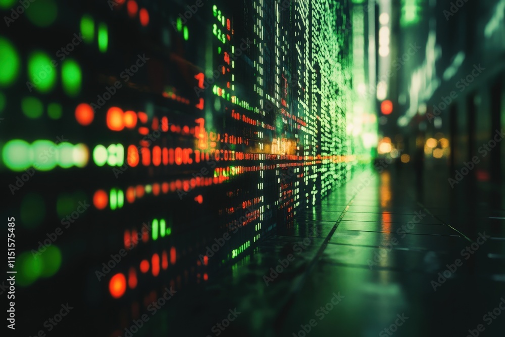 Bright green and red lights create a dynamic, digital matrix effect along a narrow city street. The environment suggests a blend of technology and urban life during nighttime hours.