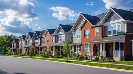 Row of new modern luxury townhouses in suburban neighborhood. Real estate concept.