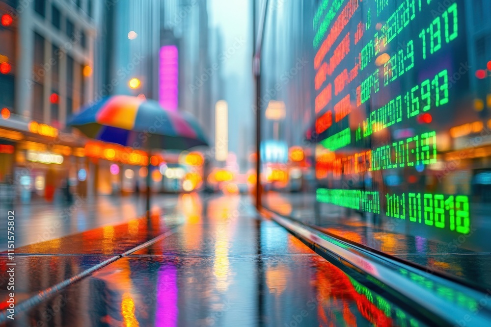 Urban street showcases bright neon signs reflected in puddles after rain. A colorful umbrella adds to the lively atmosphere. The scene captures the essence of a bustling city at night.