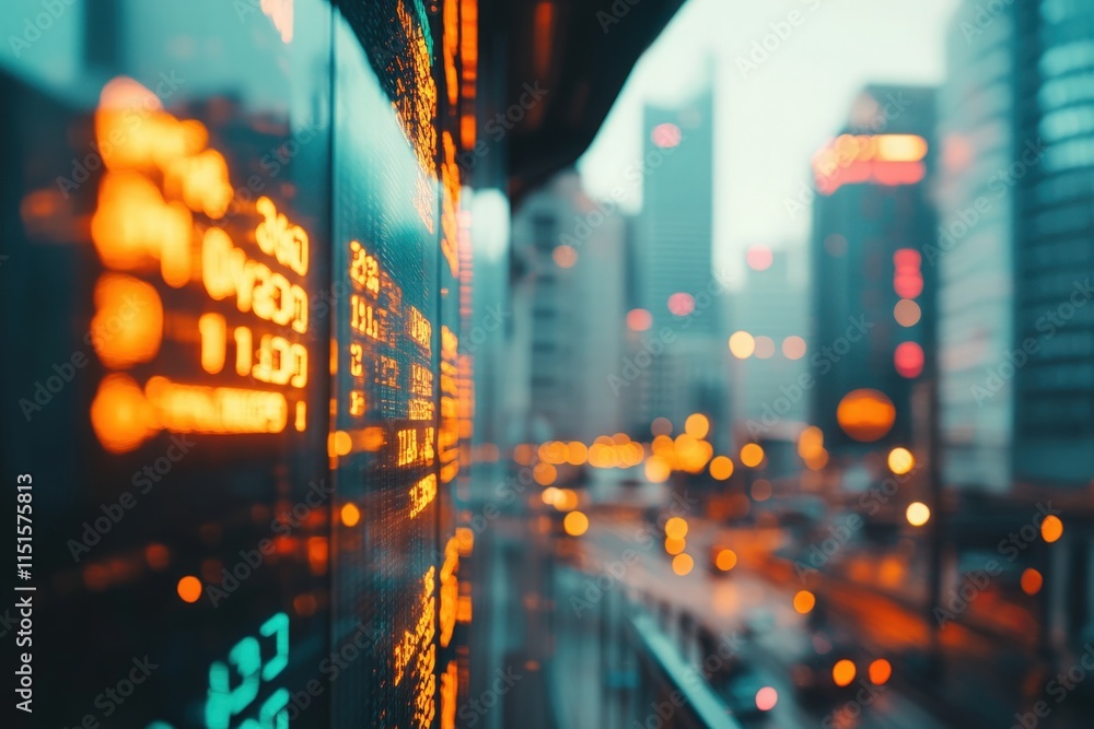 The urban skyline is illuminated with vibrant lights as stock market information glows on a nearby screen. This captures the bustling city life at dusk, blending finance and city energy.