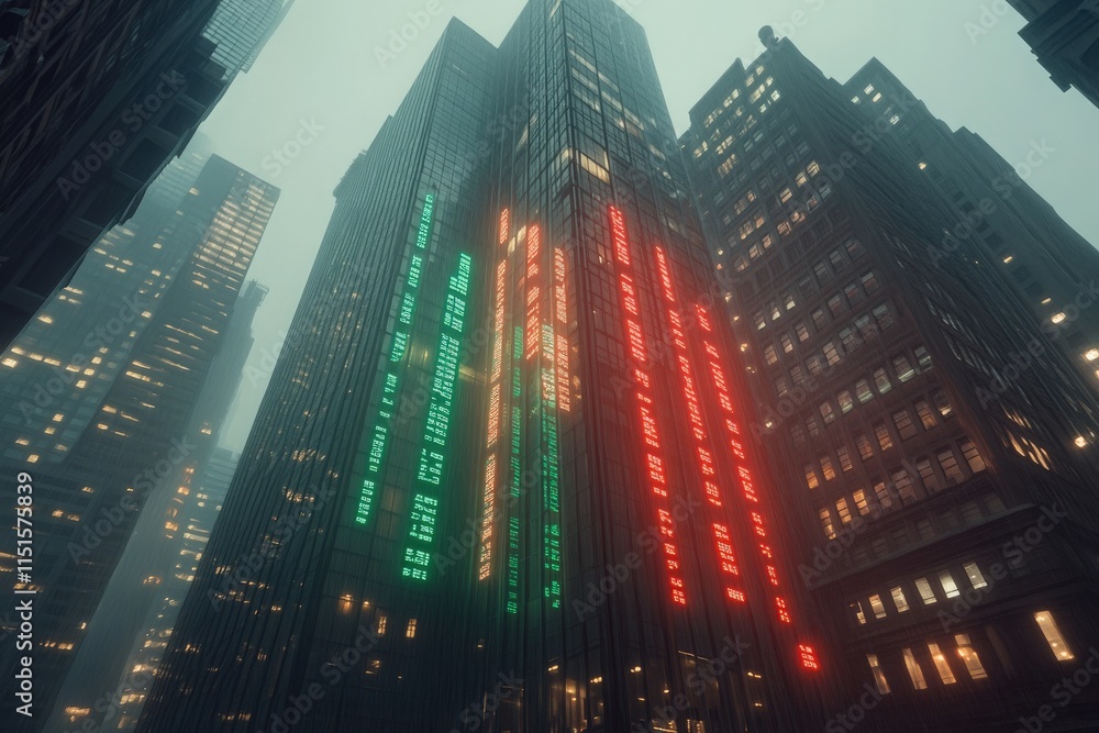 Skyscrapers rise amidst a foggy skyline, displaying vibrant stock market data in green and red. The lights reflect the bustling activity of the financial district as night descends.