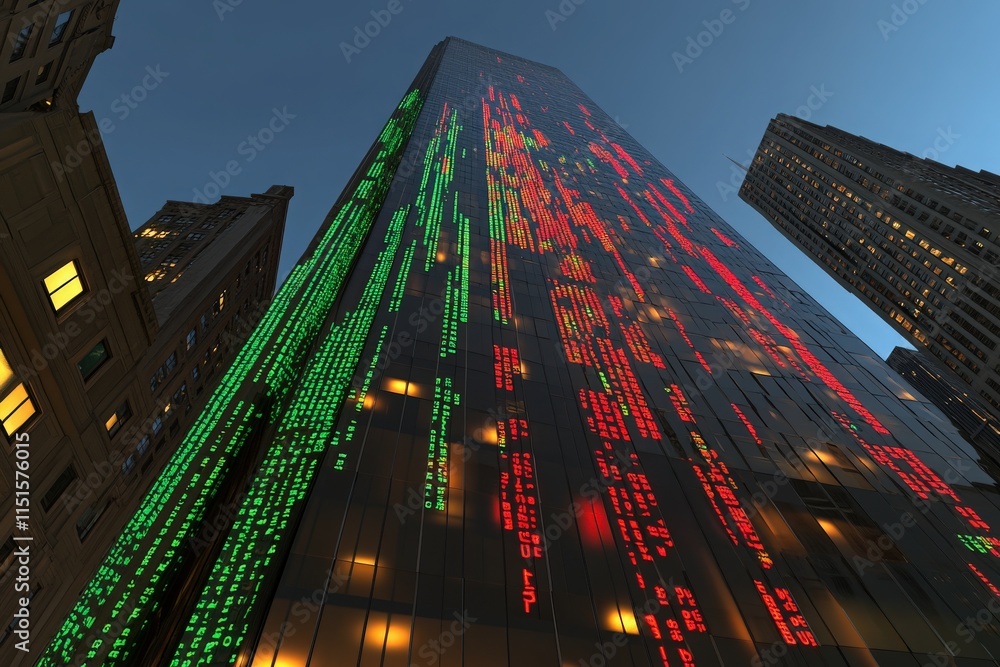 Bright green and red stock market indicators illuminate the side of a tall building. The vibrant display contrasts with the darkening sky and surrounding urban architecture during dusk.