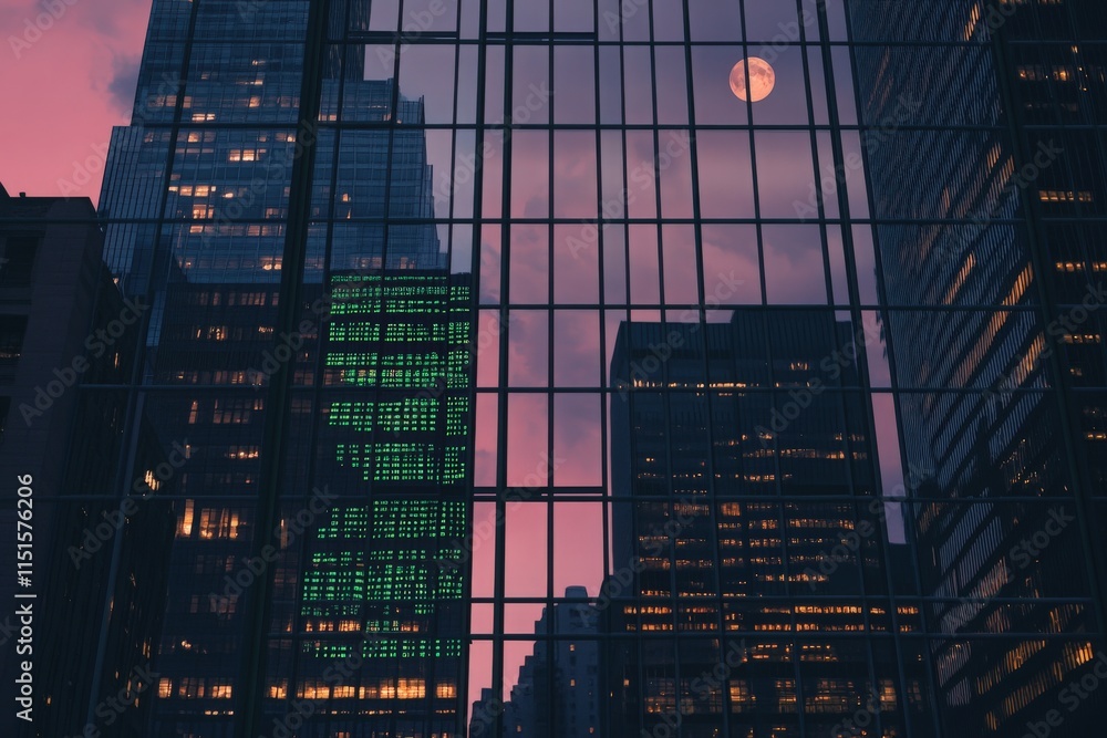 Evening light casts a colorful glow on tall glass buildings in a bustling city. A full moon is visible above, creating a striking contrast against the illuminated windows.