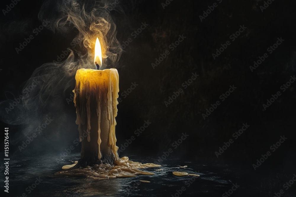 A solitary candle burns brightly in the darkness, casting a soft glow. Wax drips down its side as delicate tendrils of smoke rise into the air, creating an intimate and serene ambiance.