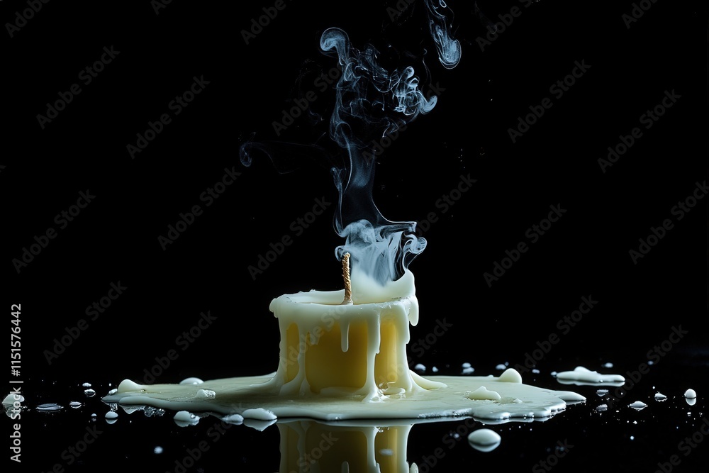 A lit candle is melting, with hot wax dripping onto a surface. Smoke spirals upwards from the wick, creating a serene atmosphere in a dark setting, highlighting the beauty of the moment.