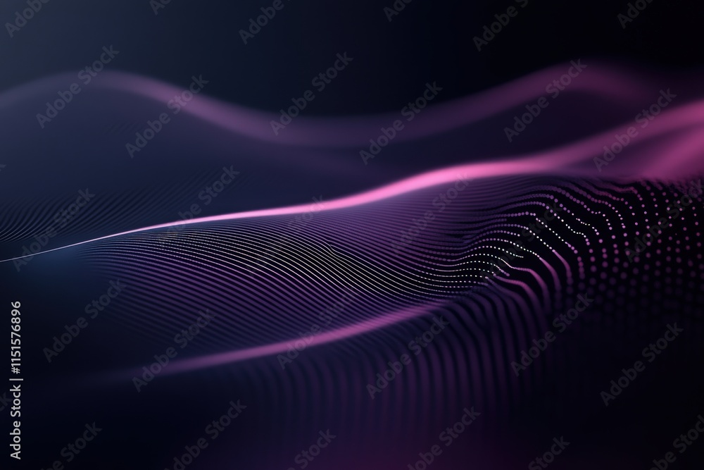 Soft, undulating lines in vibrant purple and pink flow through a dark background, creating a mesmerizing digital effect that resembles waves in motion.