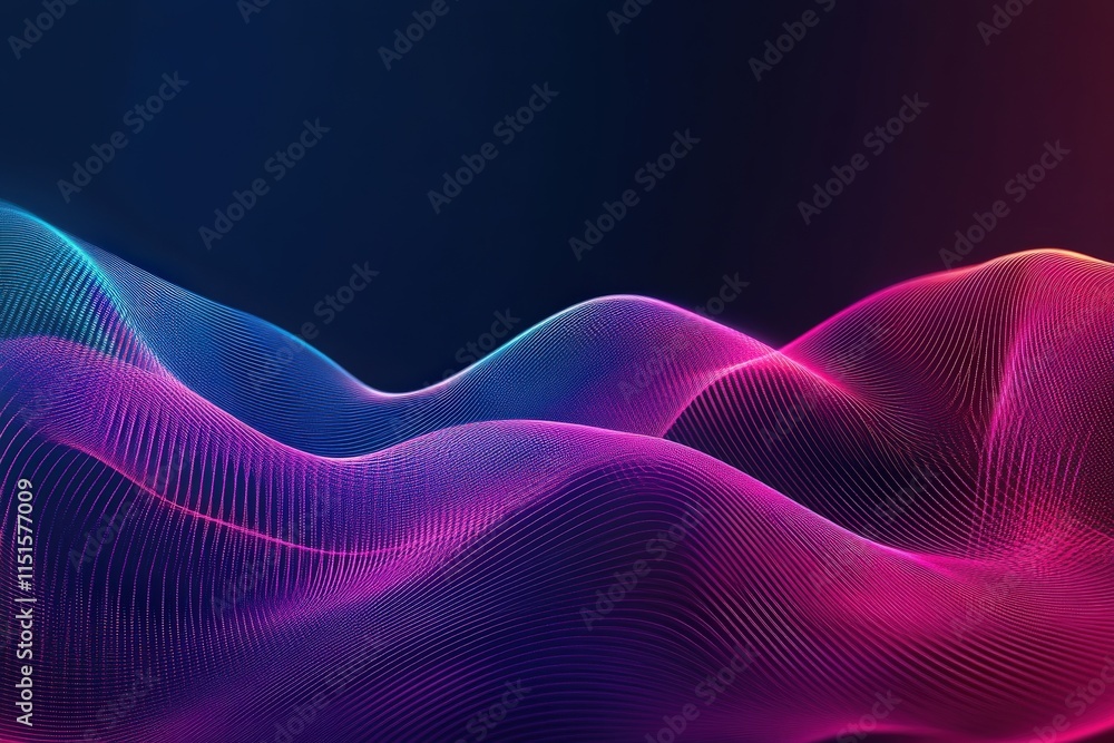 Vibrant waves of blue, pink, and purple gracefully undulate against a dark backdrop, creating a mesmerizing digital art experience filled with dynamic movement and color transitions.