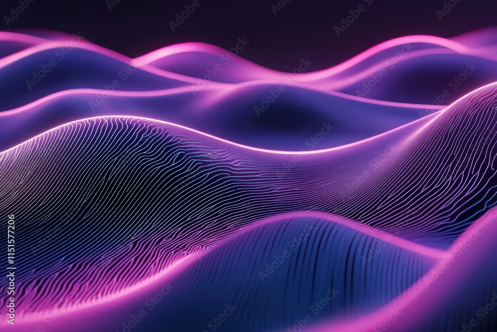 Undulating waves of vibrant purple and pink light create mesmerizing patterns against a dark backdrop. This digital landscape showcases fluidity and motion in an abstract form.
