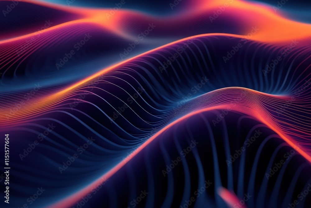 Vibrant, flowing wave patterns in shades of purple, orange, and blue create an engaging visual experience. The smooth curves and lines evoke a sense of movement and flow in digital abstraction.