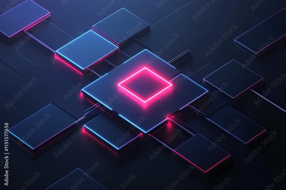Digital composition showcases a central glowing square surrounded by various geometric shapes, all illuminated with vibrant neon colors against a dark backdrop. This creates a futuristic look.