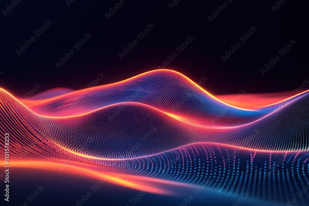 Vibrant waves of light flow smoothly across the dark background, creating a captivating display of red and blue hues. The undulating forms evoke a sense of depth and movement, inviting curiosity.