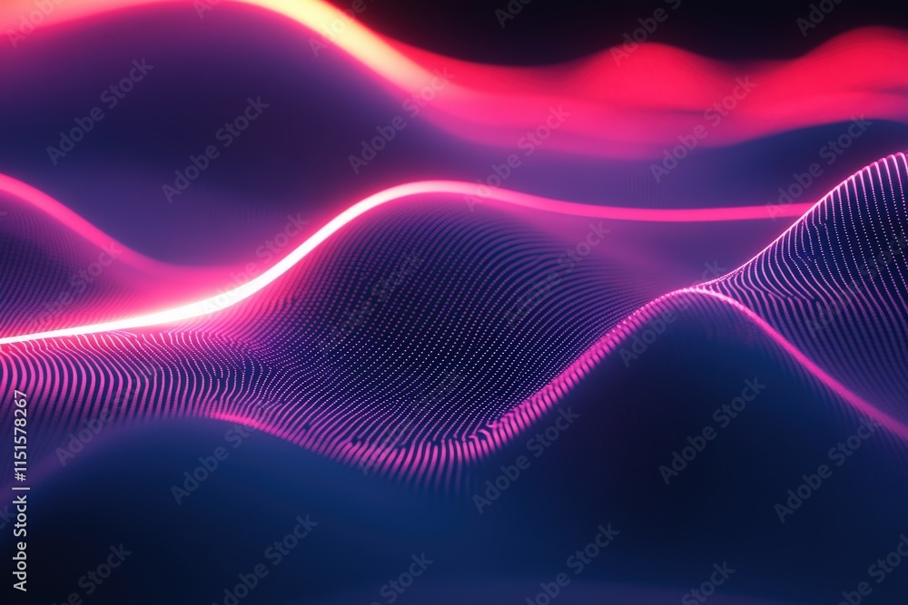 Vibrant waves of color featuring pink and blue neon lights undulate gracefully against a dark background, creating a dynamic visual effect that captivates the viewers attention.