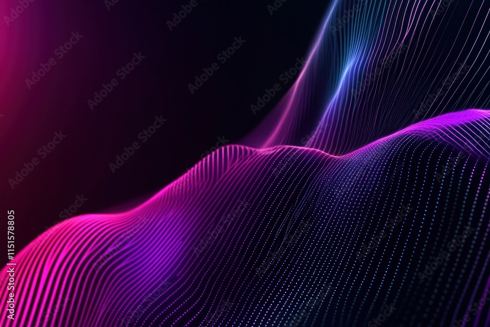 Vibrant wave patterns in shades of pink and purple flow smoothly against a dark background, giving a sense of motion and depth, resembling a digital representation of sound waves.