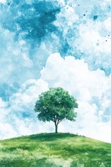 Wall Mural - A solitary green tree rises on a gentle grassy hill beneath a vast blue sky filled with soft, billowy clouds, creating a serene atmosphere on a sunny day