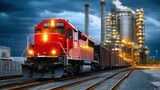 Industrial Train at Sunset with Dramatic Sky and Power Plant Background, Capturing the Essence of Modern Transportation and Energy Production