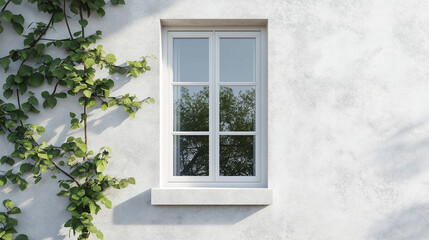 white window on white house facade