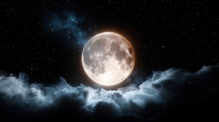 Wall Mural - Stunning full moon over clouds night sky high-resolution atmospheric conditions aesthetic viewpoint