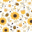 A repeating pattern of adorable bees buzzing around smiling sunflowers and honey pots, illustrated in bright yellows and warm browns on a white background. 