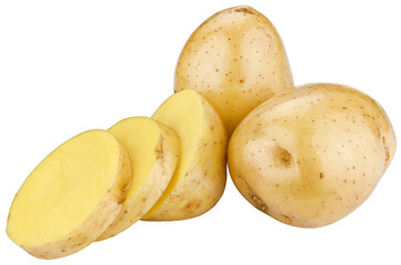 Group young potatoes sliced in circles isolated on a transparent background. Completely in focus. Focus stacking.