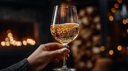 Wall Mural - Golden White Wine Glass with Festive Decorations and Warm Bokeh Lights 