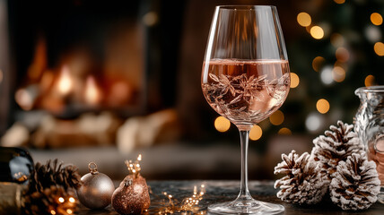 Wall Mural - Golden White Wine Glass with Festive Decorations and Warm Bokeh Lights 