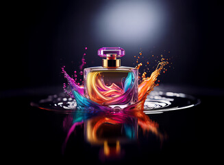 Fototapete - A perfume bottle sits in a dark setting, surrounded by a vibrant splash of colorful liquid. The colors reflect beautifully on the dark surface.