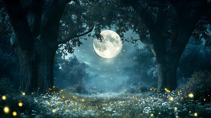 Wall Mural - Enchanted Moonlit Forest: A Serene Night Scene with Fireflies