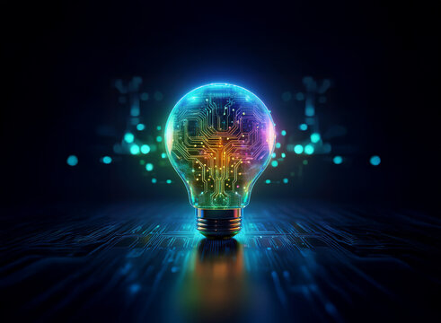 A glowing lightbulb, filled with vibrant circuitry, sits on a dark reflective surface.  Surrounding bokeh lights add to the ethereal, innovative feel.