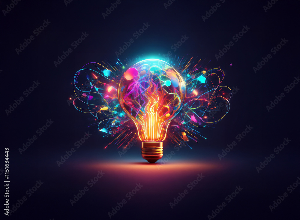 A vibrant lightbulb bursts with colorful energy, symbolizing creativity ...