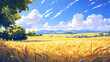 © Thiago - Golden wheat fields ripple gently in the warm summer breeze on a sunny day. Zephyrous. Illustration