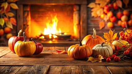 Sticker - Rustic autumnal still life featuring pumpkins and fall foliage arranged on a wooden table in front of a warm fireplace.