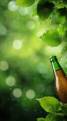 Poster - A bottle of beer sitting on top of a green leaf