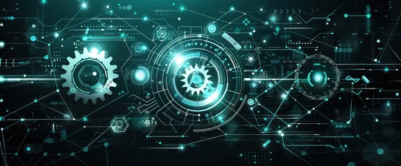 Abstract Digital Network with Glowing Gears and Lines