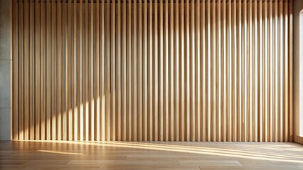 Wall Mural - Sunlight illuminates a minimalist room with a slatted wood wall and hardwood floor