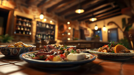 Wall Mural - A Delicious Mediterranean Dinner: Grilled Octopus and Greek Salad