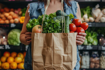 man holding kraft paper bag filled with fresh produce or organic food against background of farmers market