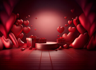 Poster - Romantic Valentine's scene:  A dark red stage with gifts and heart-shaped balloons creates a luxurious, loving atmosphere.  Perfect for a romantic celebration.