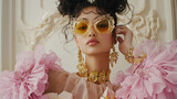 A modern portrait of a young woman in a pastel-colored rococo-inspired gown with puffed sleeves, accessorized with oversized chunky gold jewelry and futuristic sunglasses