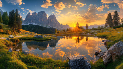 Wall Mural - Breathtaking sunset over the Dolomite Mountains in Italy reflecting on a serene lake