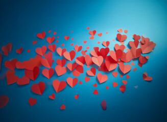 Canvas Print - A stream of red paper hearts flows across a vibrant blue background, suggesting love, affection, and celebration.