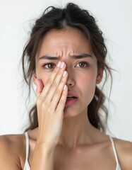 a woman covers her nose with her hand, showing a facial expression of pain. isolated on white background.  Generate AI