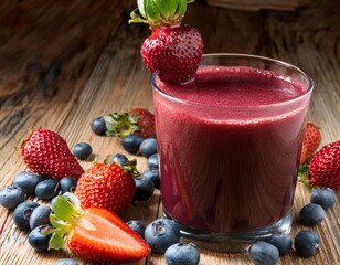 Wall Mural - Glass of beetroot and berry boost juice with fresh strawberries and blueberries on rustic wooden table